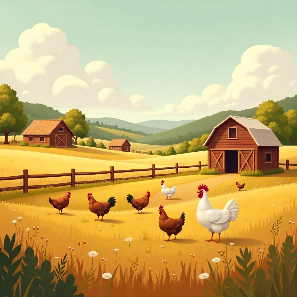 Our chickens roam freely exploring the grassy pastures under the warm sun.